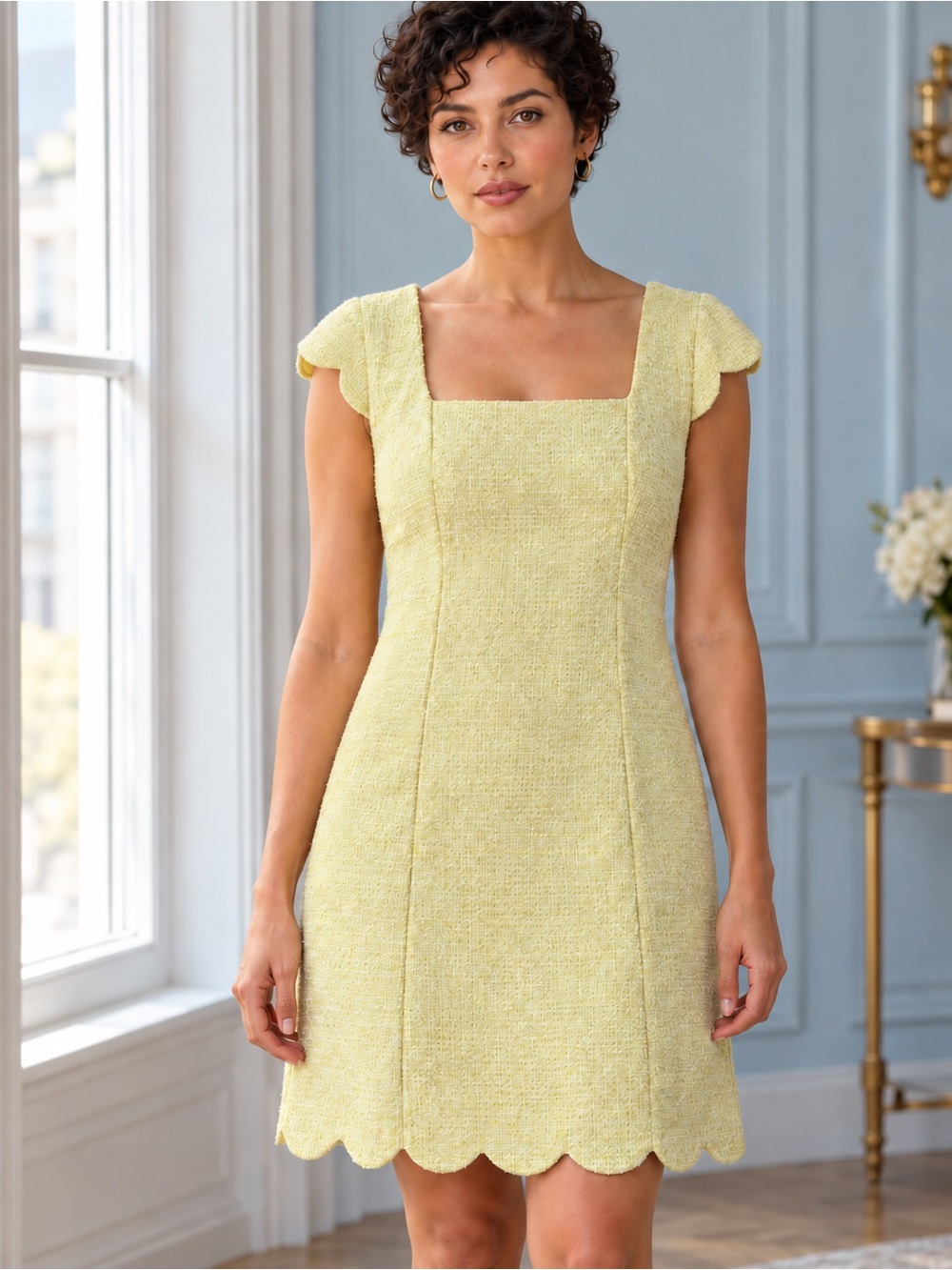 Lilly Pulitzer Maisley Boucle Shift Dress Women Finch Yellow Scalloped 14 NWT